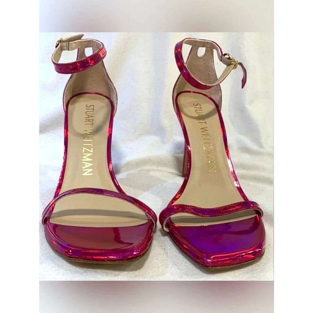 Stuart Weitzman Nudistcurve 100 Metallic Pink Stiletto Square Toe Sandals Sz 7B - Picture 5 of 16
